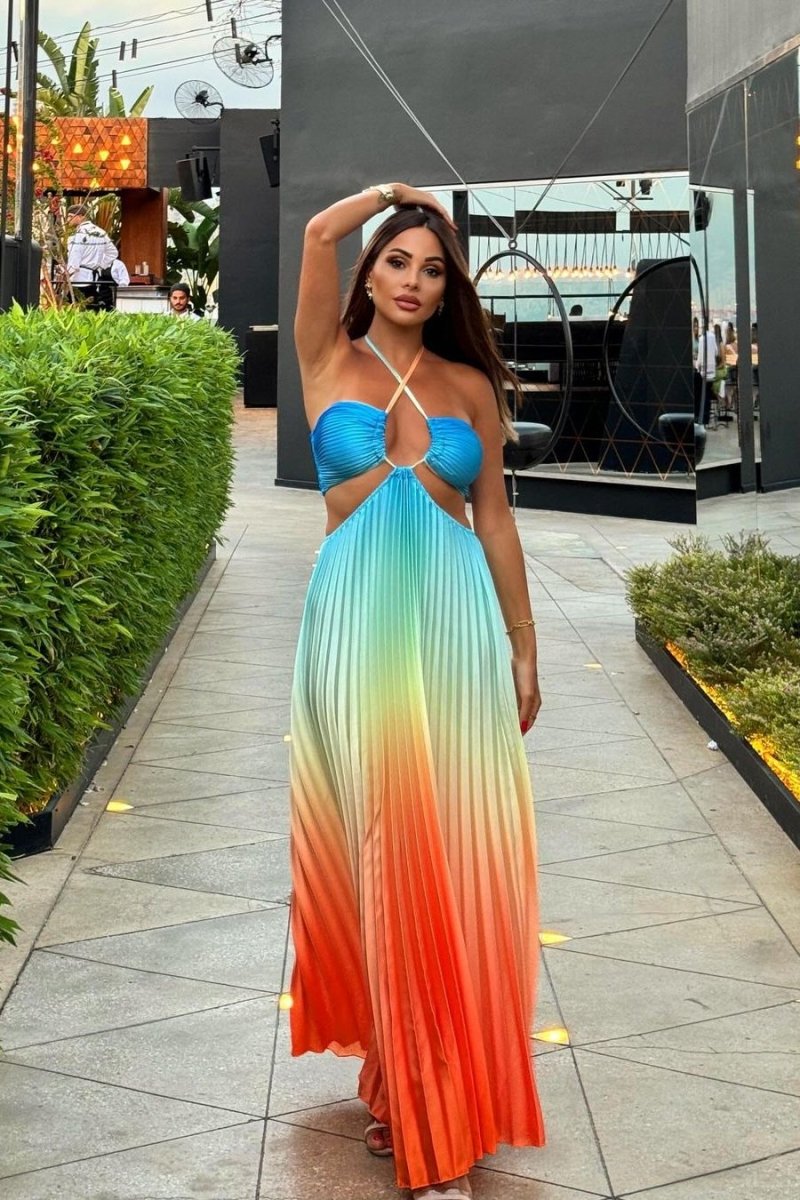 Halter Neck Cut Out Waist Pleated Maxi Gown - View 7