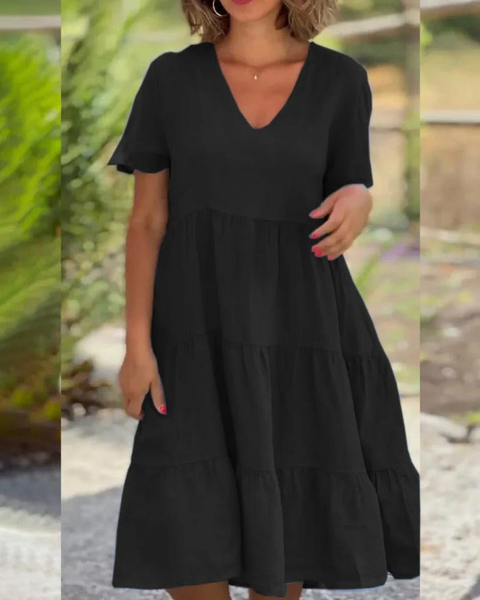 V-Neck Short Sleeve Tiered Linen Look Summer Midi Dress - View 4