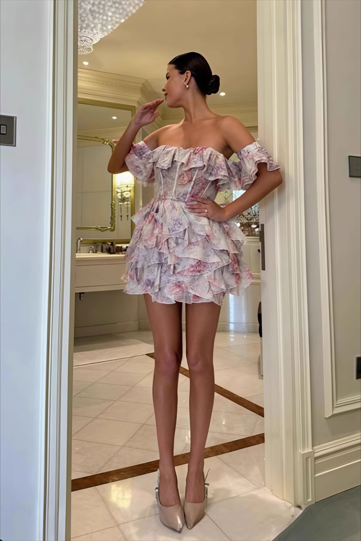 Floral Print Organza Strapless Mini Dress - View 4