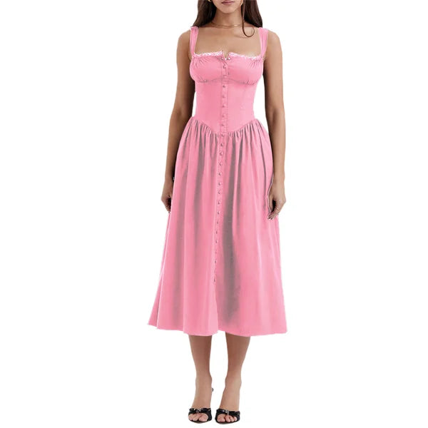 Lace Trim Square Neck Corset Button Front Basque Waist Midi Dress - View 4