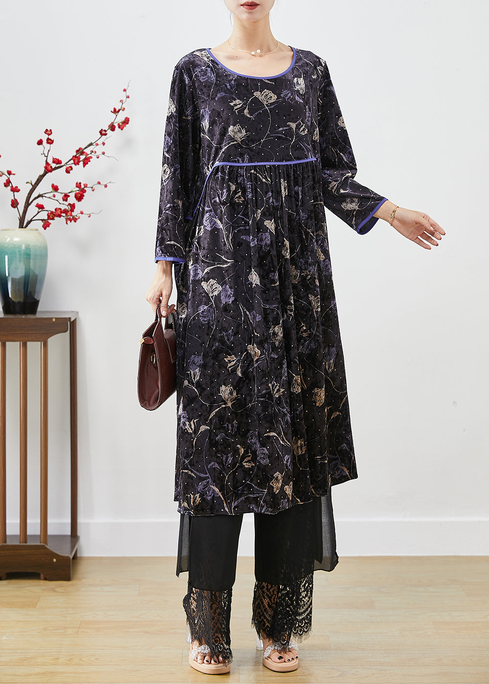 Velvet Floral Print Empire Waist Long Sleeve Lace Hem Set