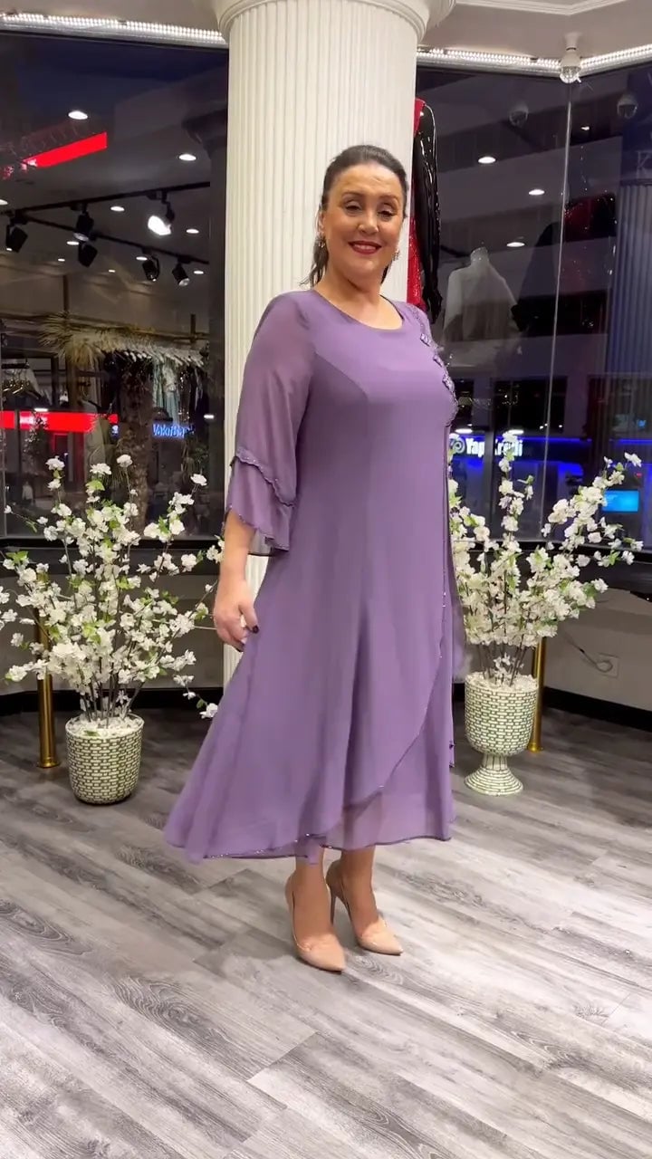 Chiffon Floral Applique Bell Sleeve A-Line Midi Dress - View 11