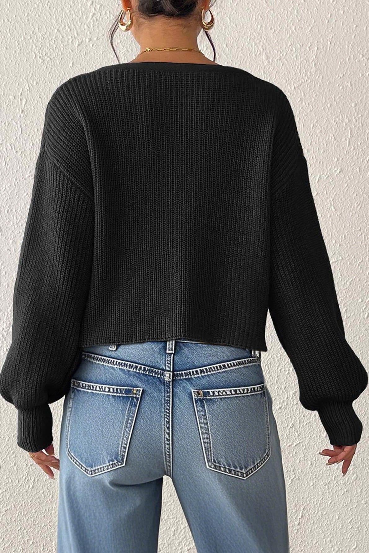 Button Front Crochet Knit Crop Sweater