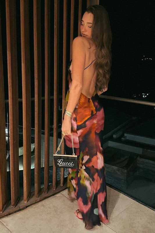Floral Deep V-Neck Lace Trim Backless Bias Cut Slip Maxi Dress - View 5
