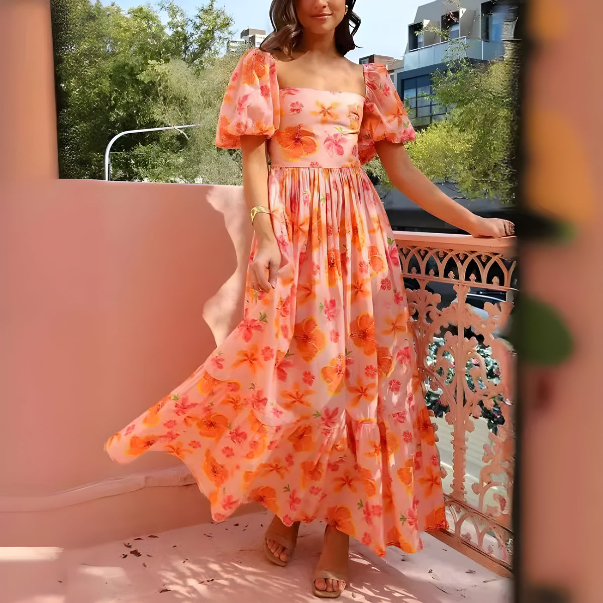 Square Neck Puff Sleeve Floral Tiered Maxi Dress