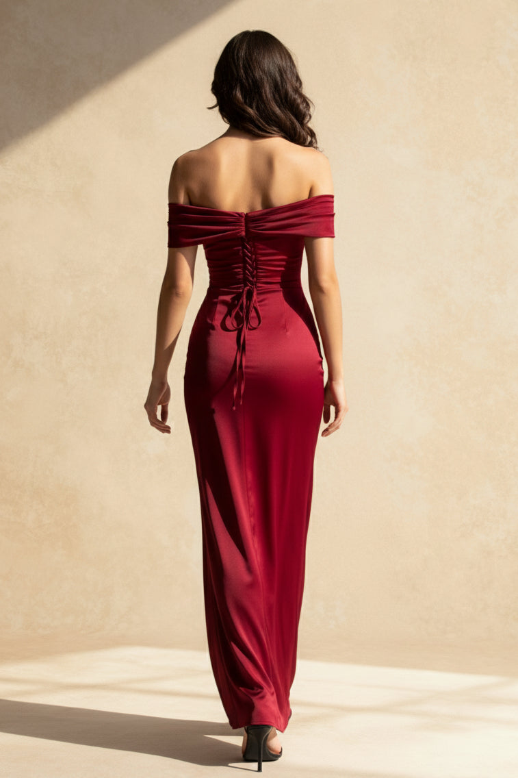 Satin Off Shoulder Pleated Ruched A-Line Maxi Dress - View 4