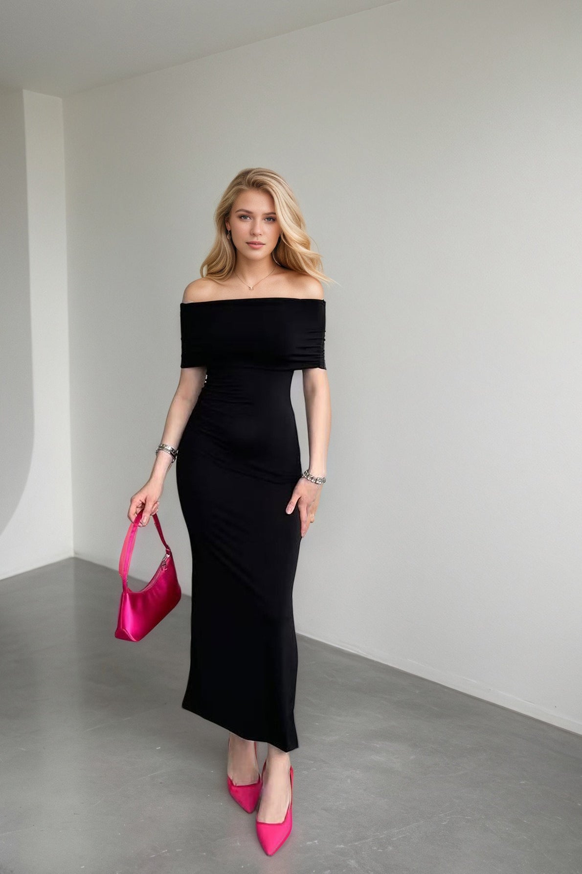 Off Shoulder Short Sleeve Ruched High Split Midi Dress - View 3