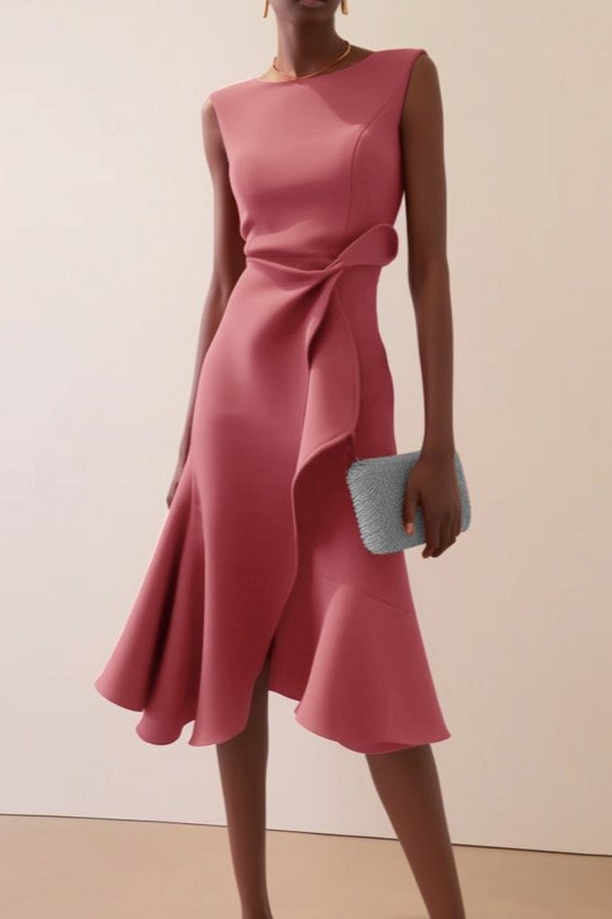 Sleeveless Round Neck Side Knot Ruffle Cascade Midi Cocktail Dress - View 3