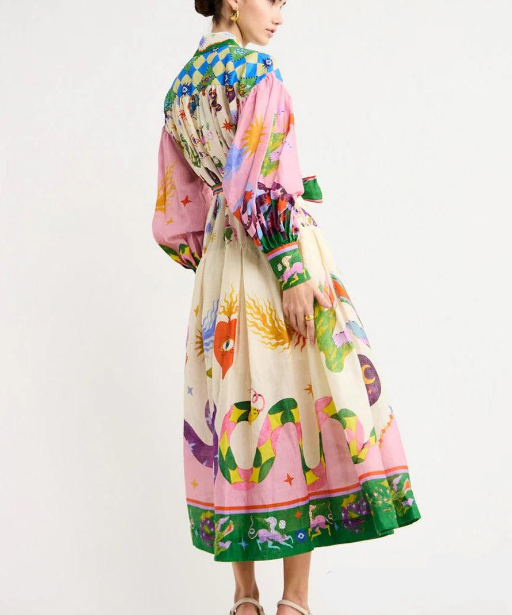 Balloon Sleeve Button Front Belted Eclectic Print Maxi Shirt Dress - View 6