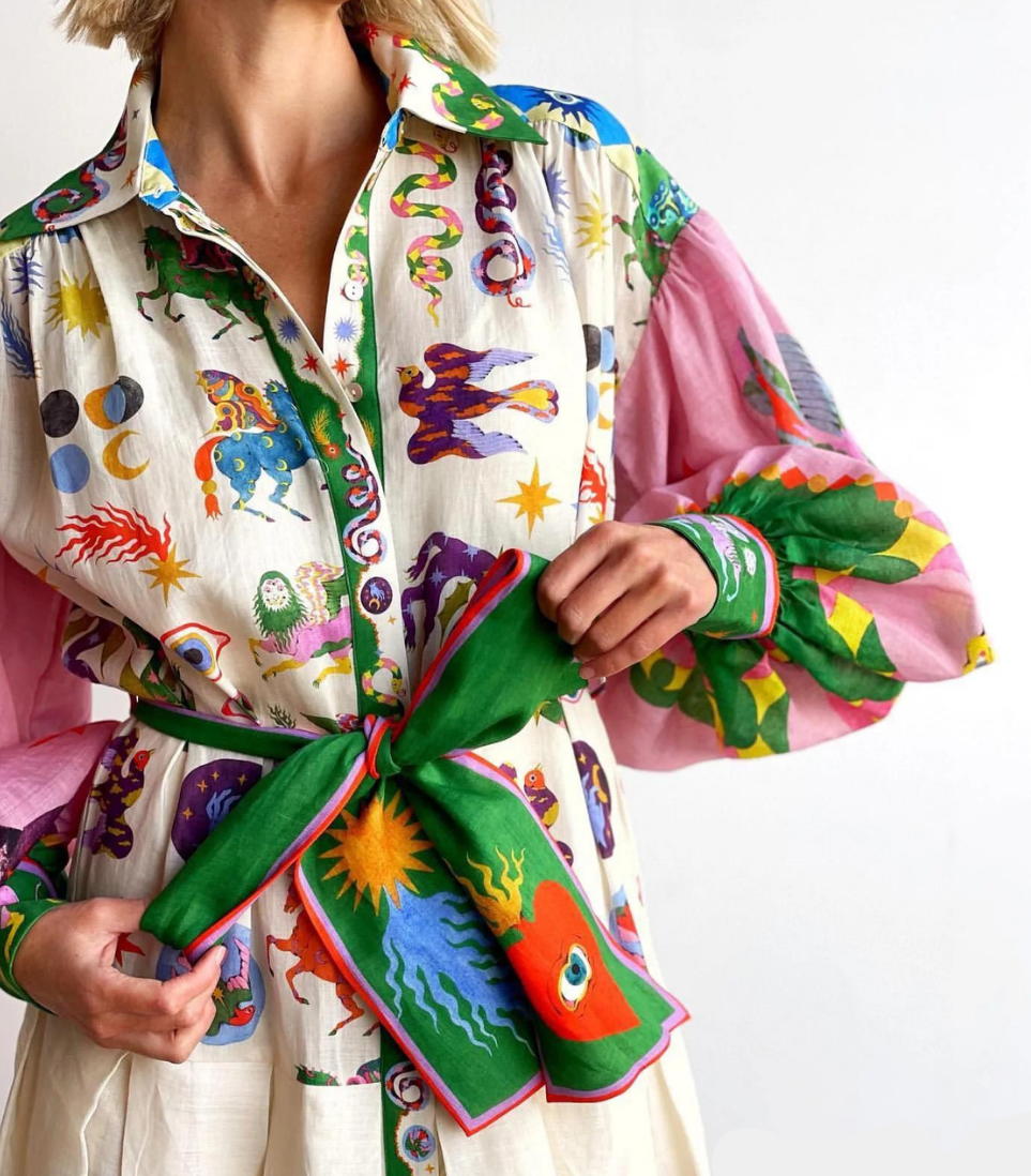 Balloon Sleeve Button Front Belted Eclectic Print Maxi Shirt Dress - View 2