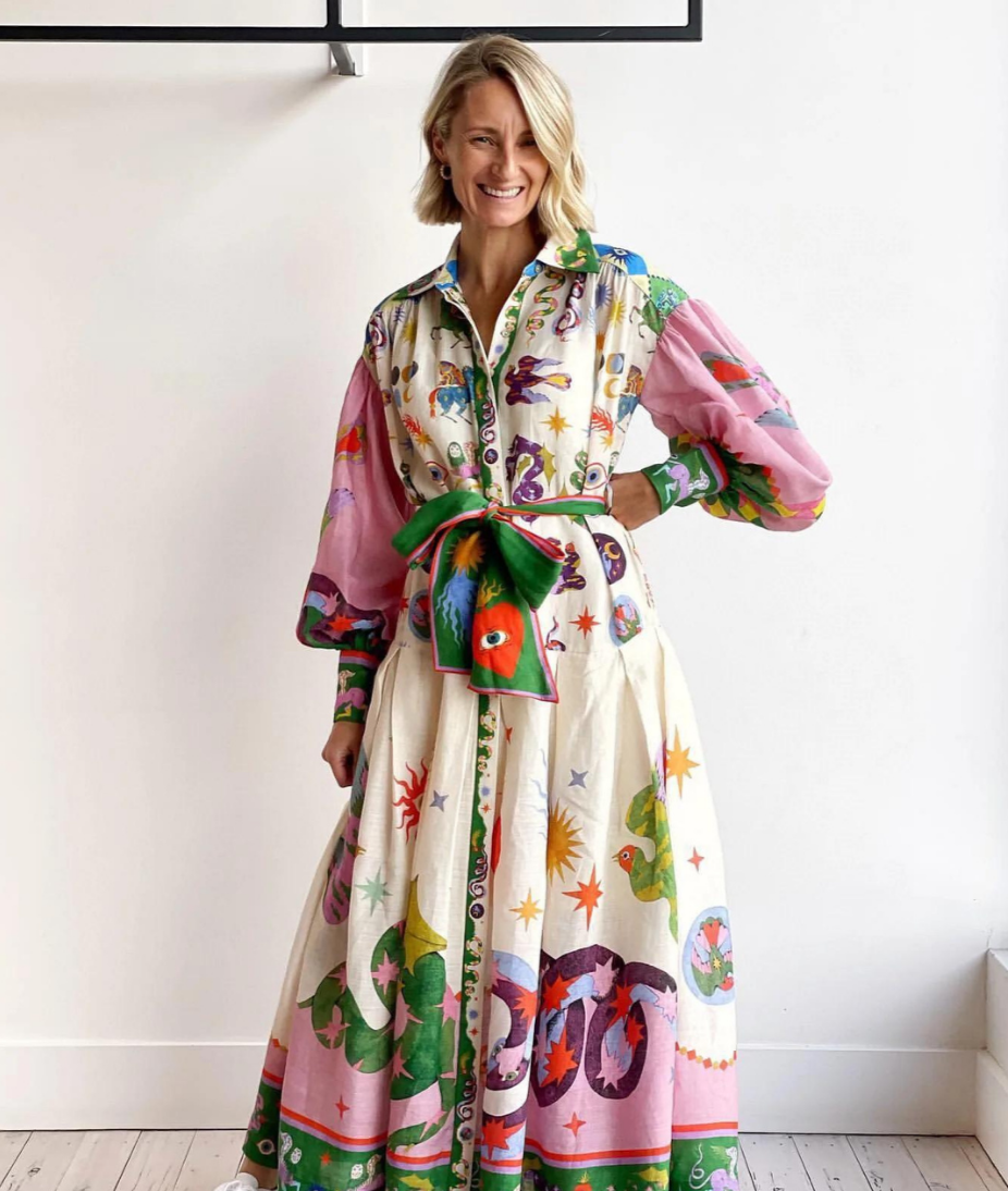 Balloon Sleeve Button Front Belted Eclectic Print Maxi Shirt Dress