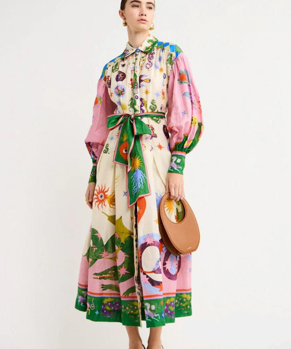 Balloon Sleeve Button Front Belted Eclectic Print Maxi Shirt Dress - View 4