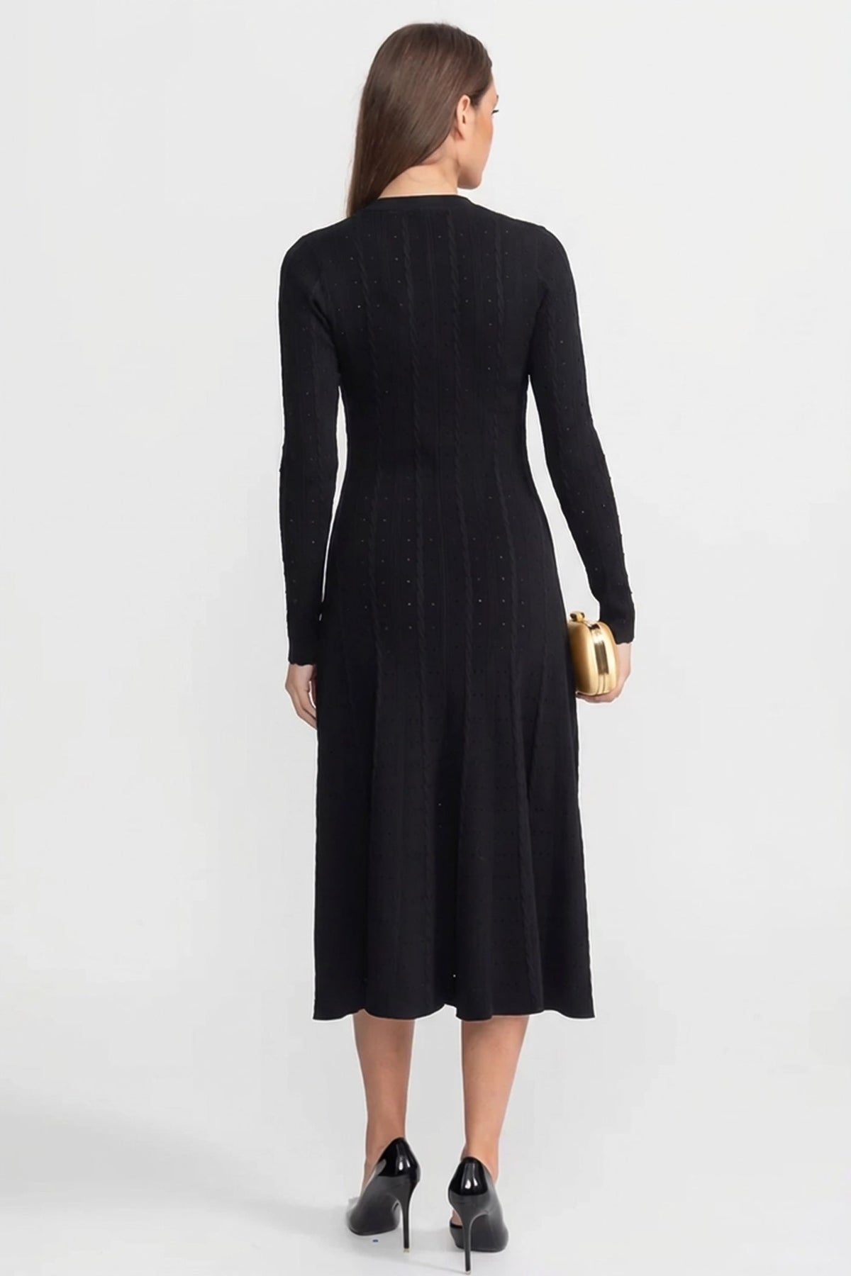 Knit Button-Front Midi Dress with Pointelle Detailing – Black - View 5