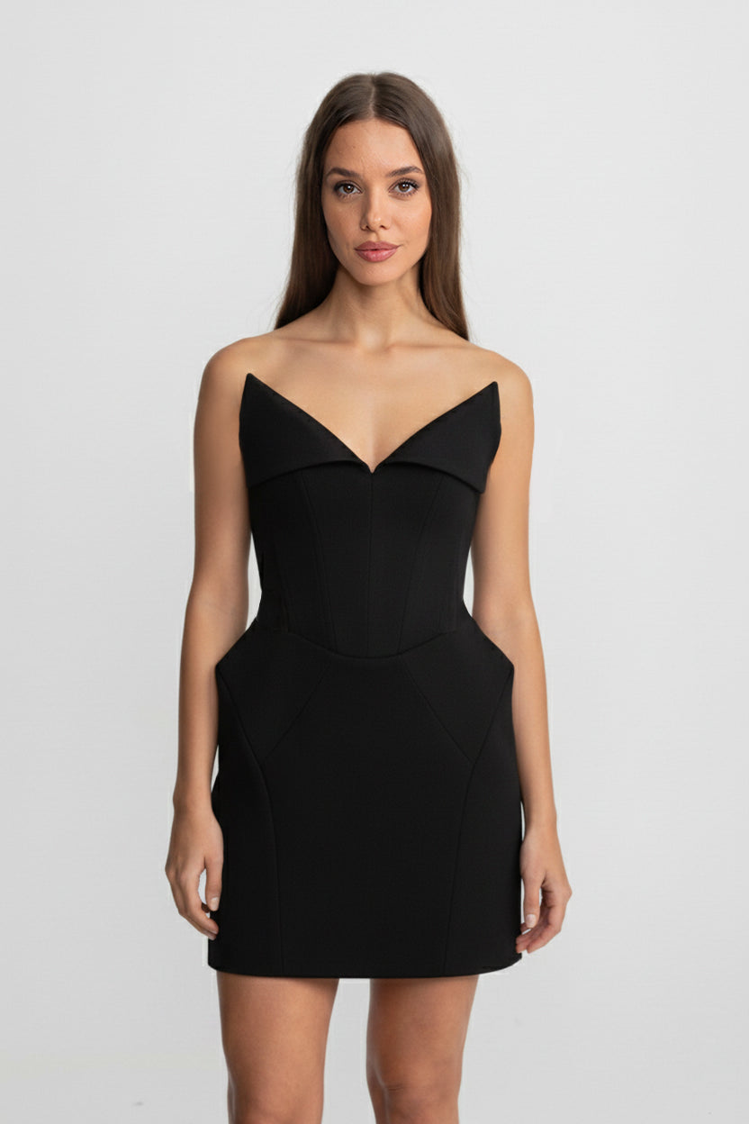 Structured Corset Mini Dress With Folded Collar-style Neckline – Black
