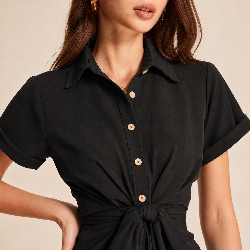 Collared Short Sleeve Tie Front Ruched Shirt Dress 5