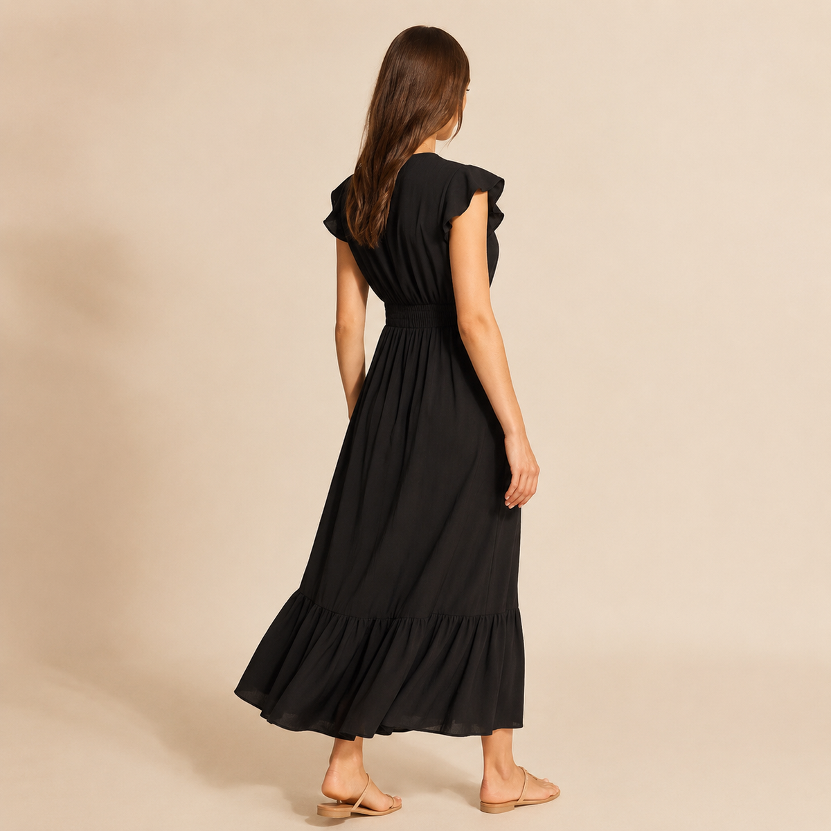 V-Neck Flutter Sleeve Shirred Waist Tiered Maxi Dress 3