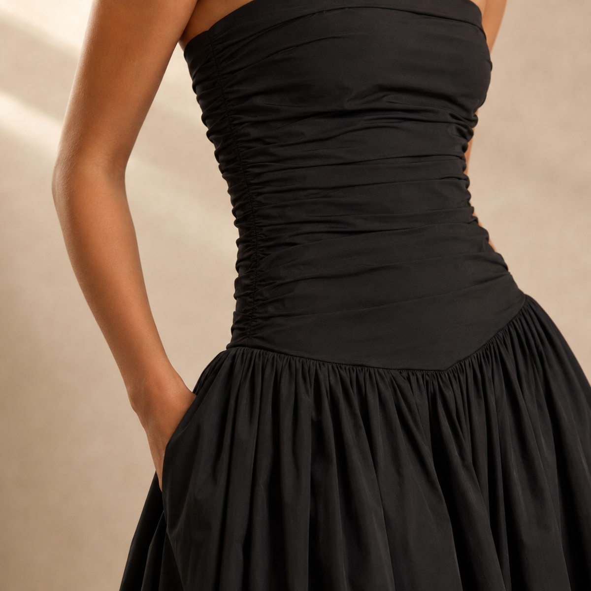 Strapless Ruched Drop Waist Bubble Hem Gown 3