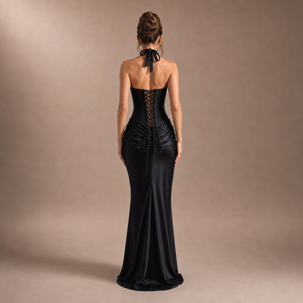 Halter Choker Strapless Corset Ruched Satin Fishtail Maxi Gown 9