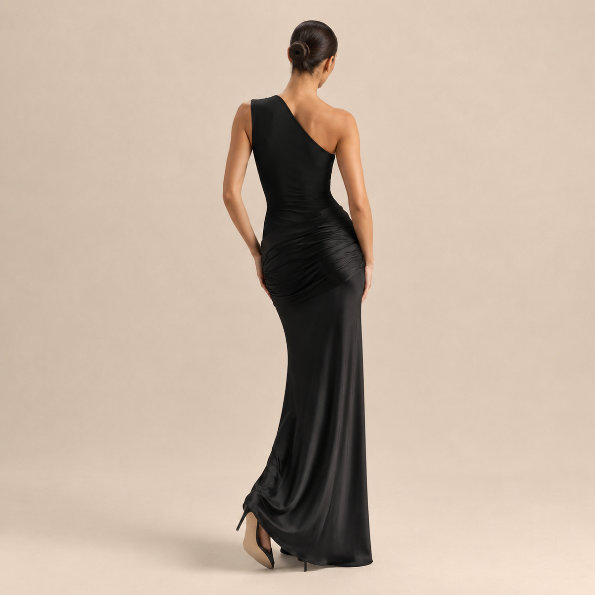 One Shoulder Ruched Satin Fishtail Maxi Gown 3