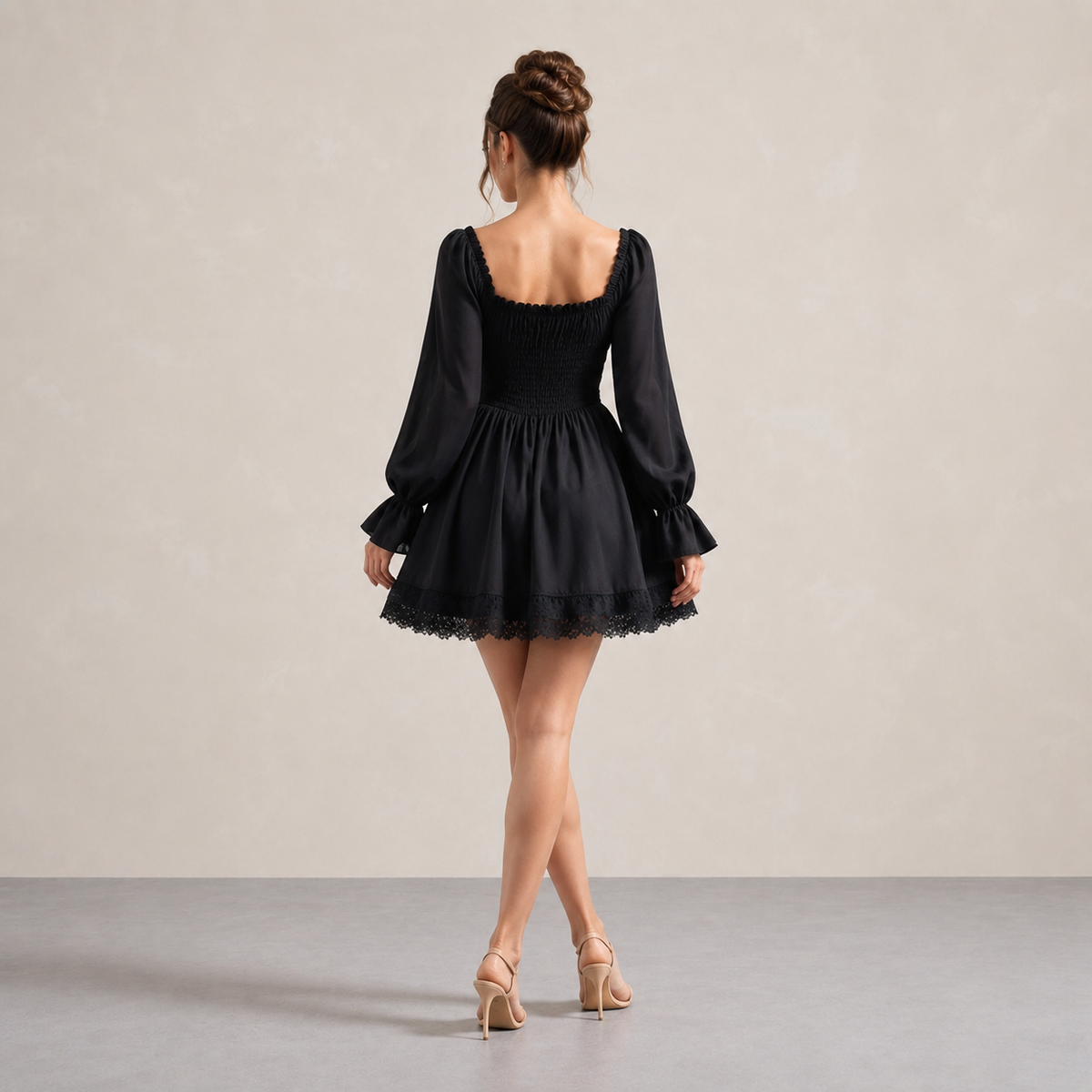Square Neck Long Sleeve Corset Lace Up Skater Mini Dress 3
