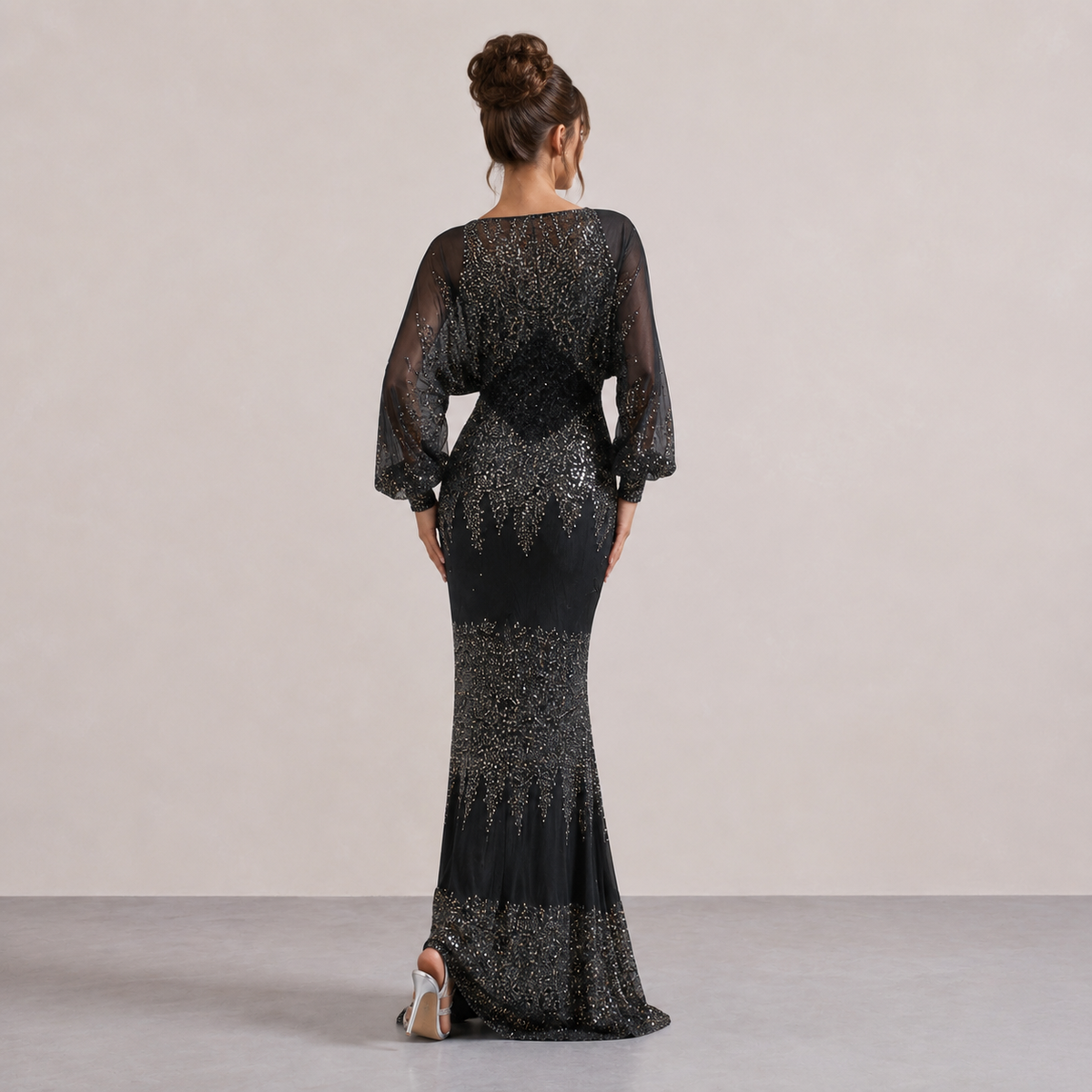 Sequin V-Neck Balloon Sleeve High Split Maxi Gown 3
