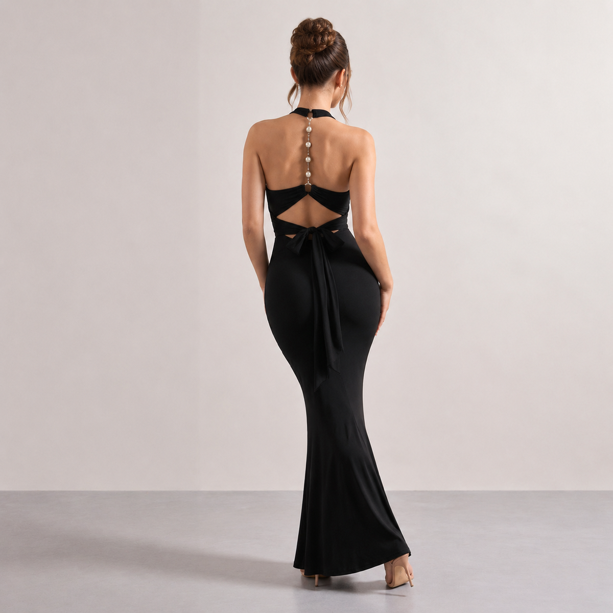 Halter Neck Backless Ruched Fishtail Maxi Gown 3