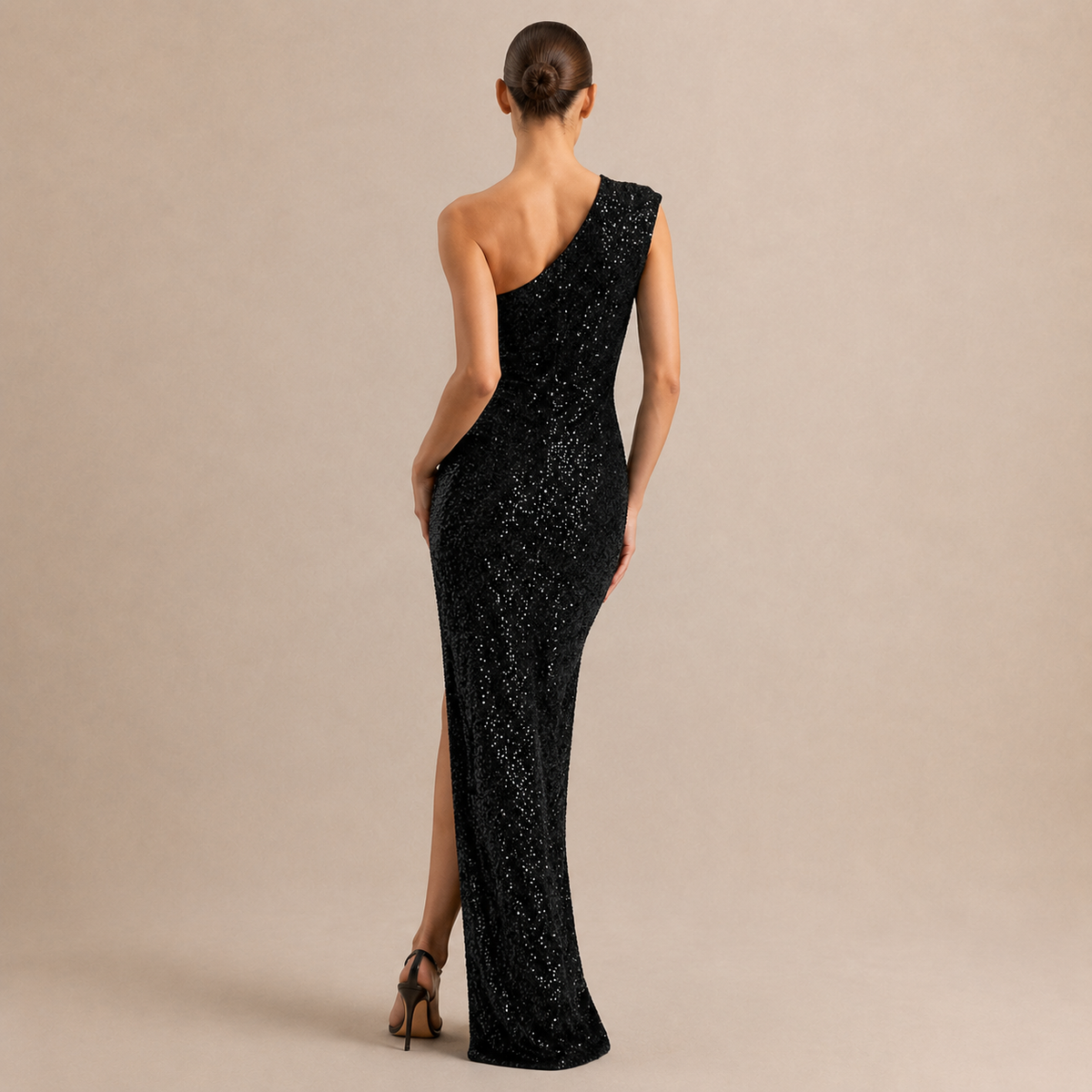 Sequin One Shoulder High Split Column Maxi Gown 3