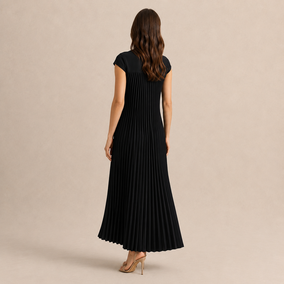 Crew Neck Cap Sleeve Pleated A-Line Maxi Dress 3