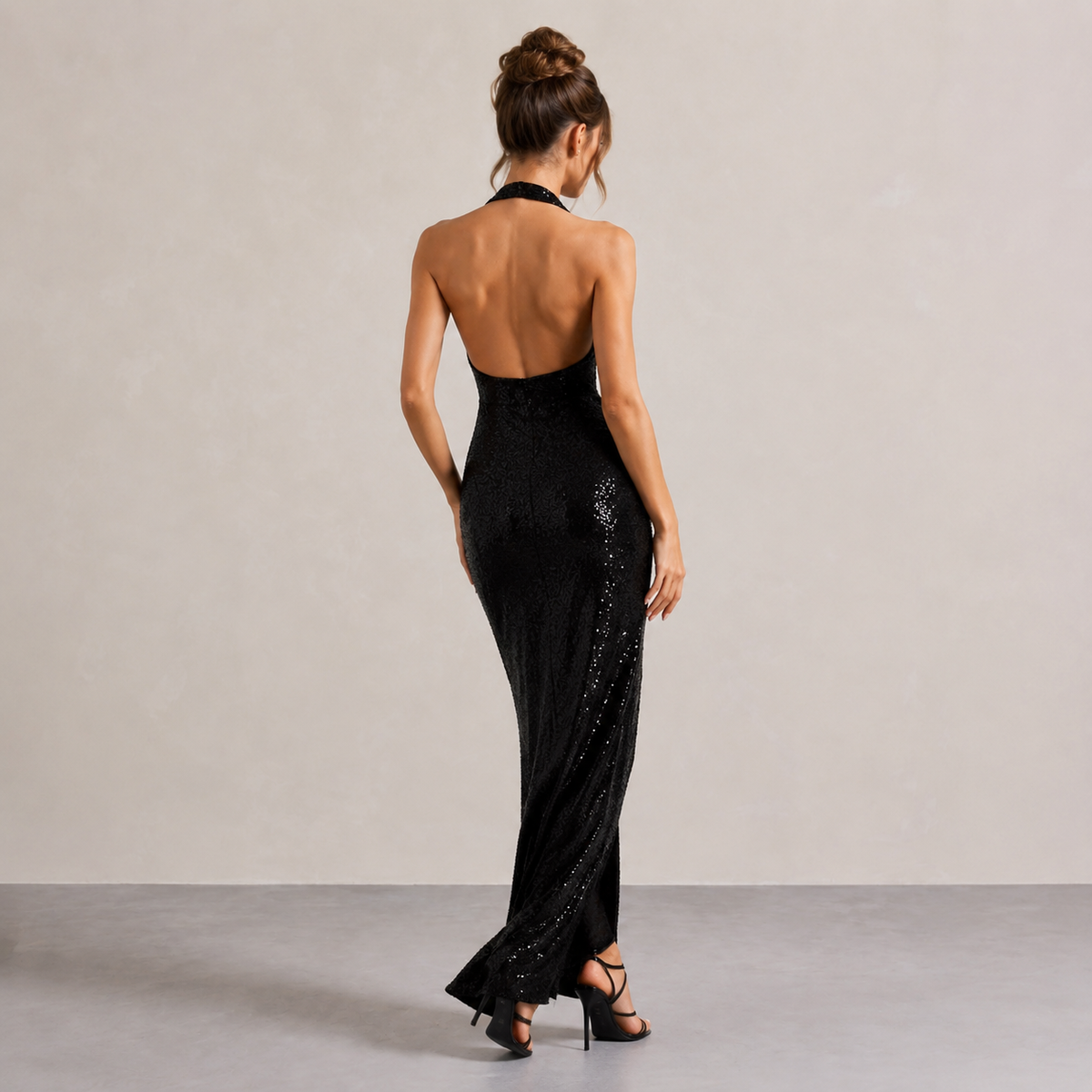 Halter Neck Sequin Backless High Split Maxi Gown 3