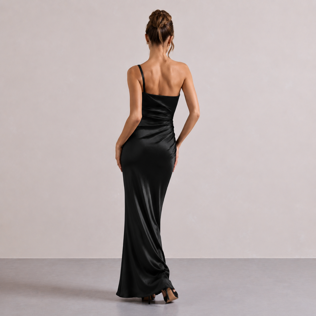 One Shoulder Satin Ruched High Split Maxi Dress 3