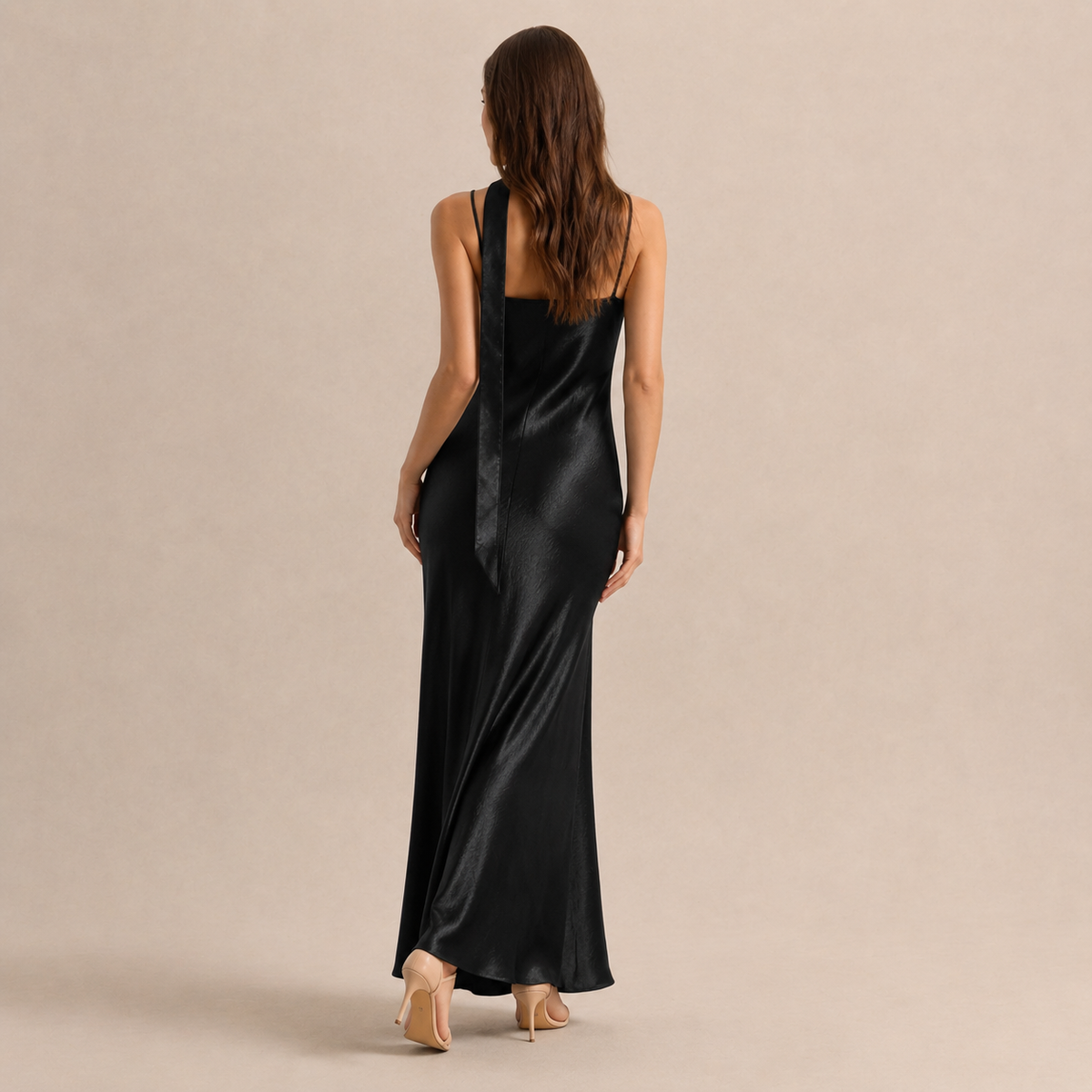 Scarf Neck V-Neck Satin Bias Slip Maxi Dress 3