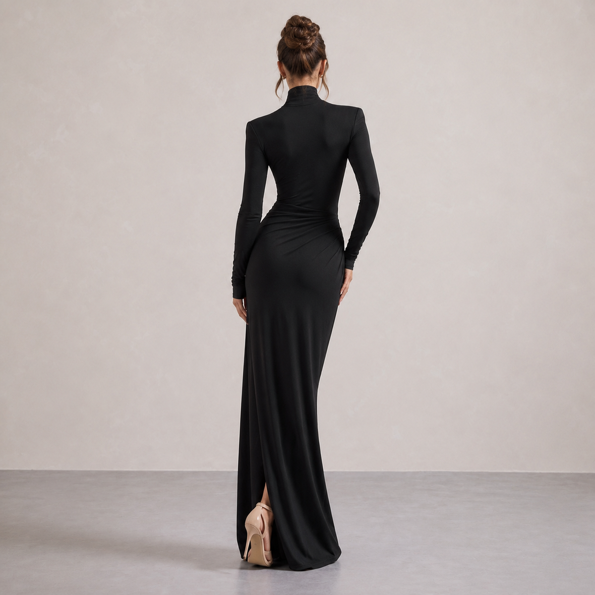 High Neck Long Sleeve Ruched Draped Bodycon Maxi Dress 6