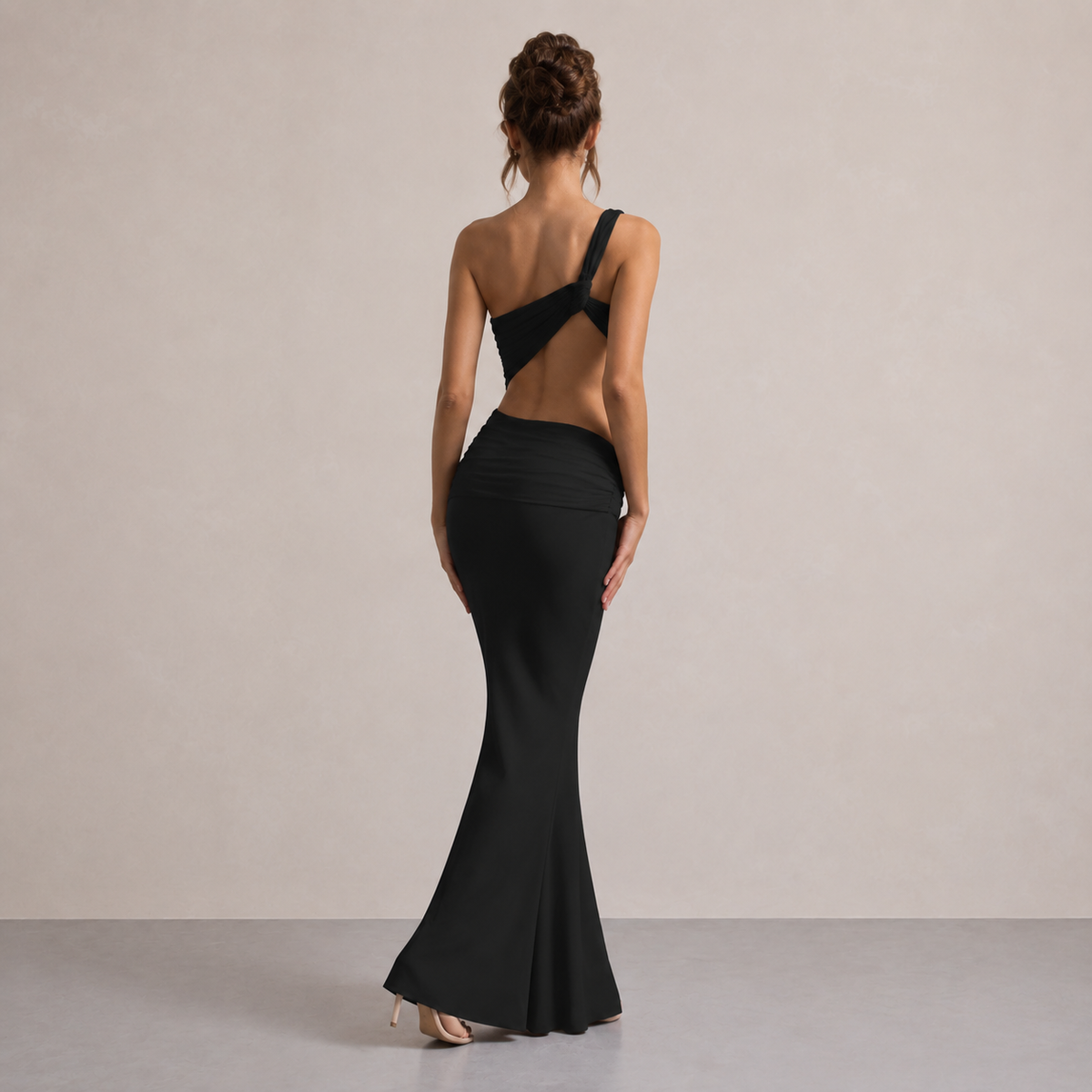 One Shoulder Waist Cut Out Ruched Fishtail Maxi Dress 3