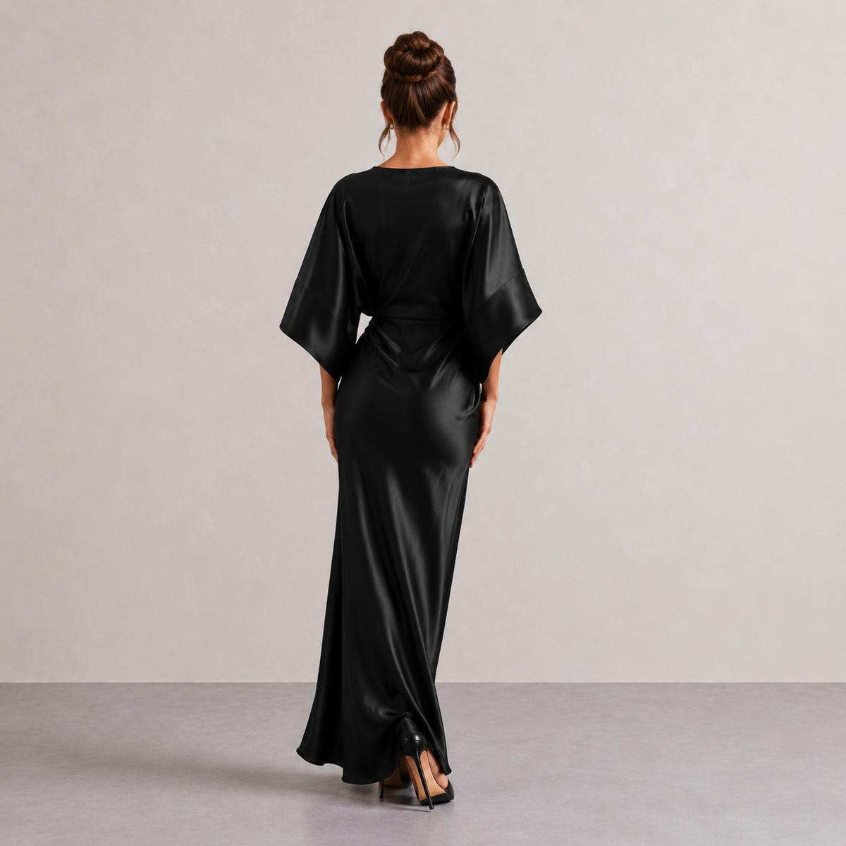 Round Neck Batwing Sleeve Brooch Ruched Satin Maxi Gown 3