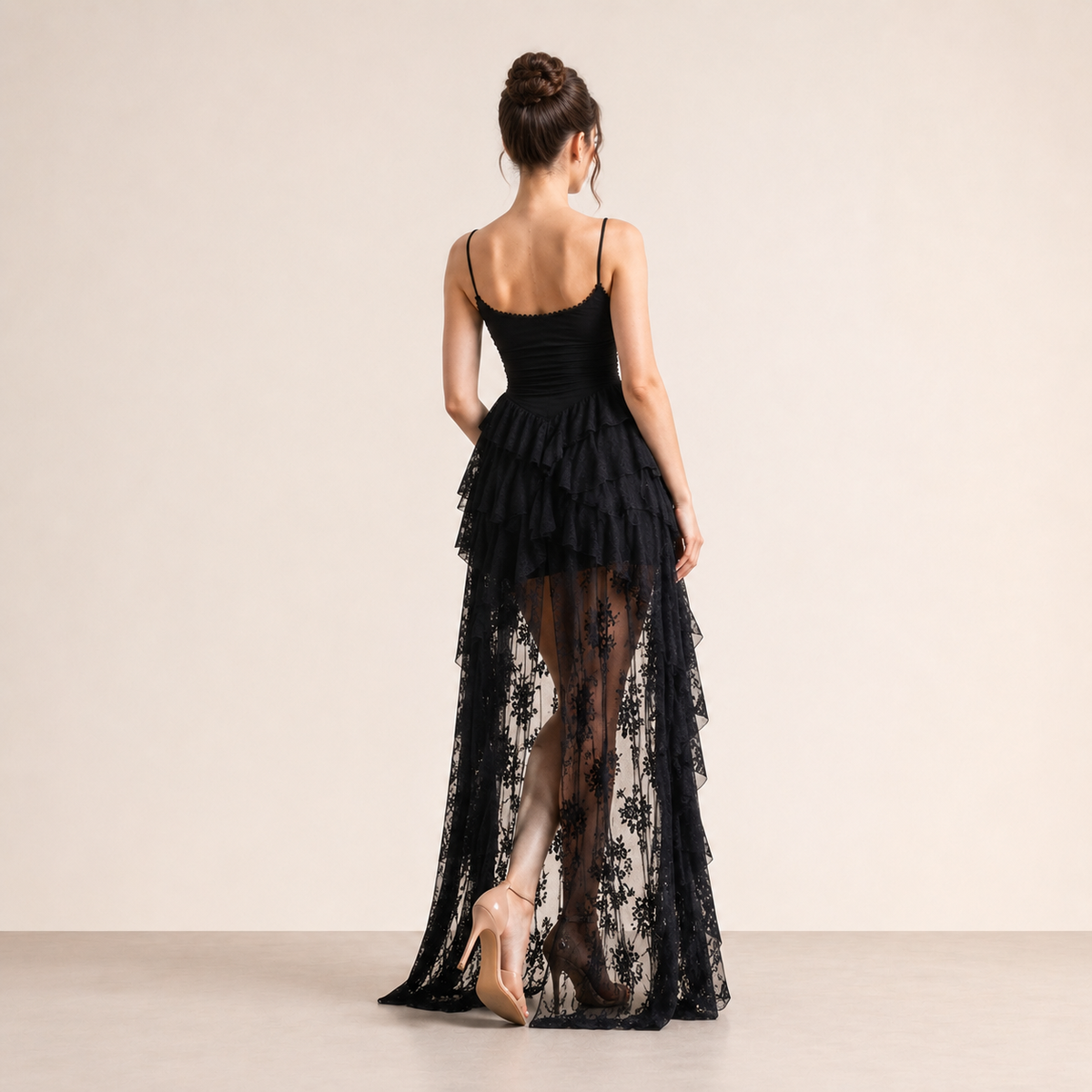 Scoop Neck Cami Strap Tiered Ruffle Lace High Low Maxi Dress 3