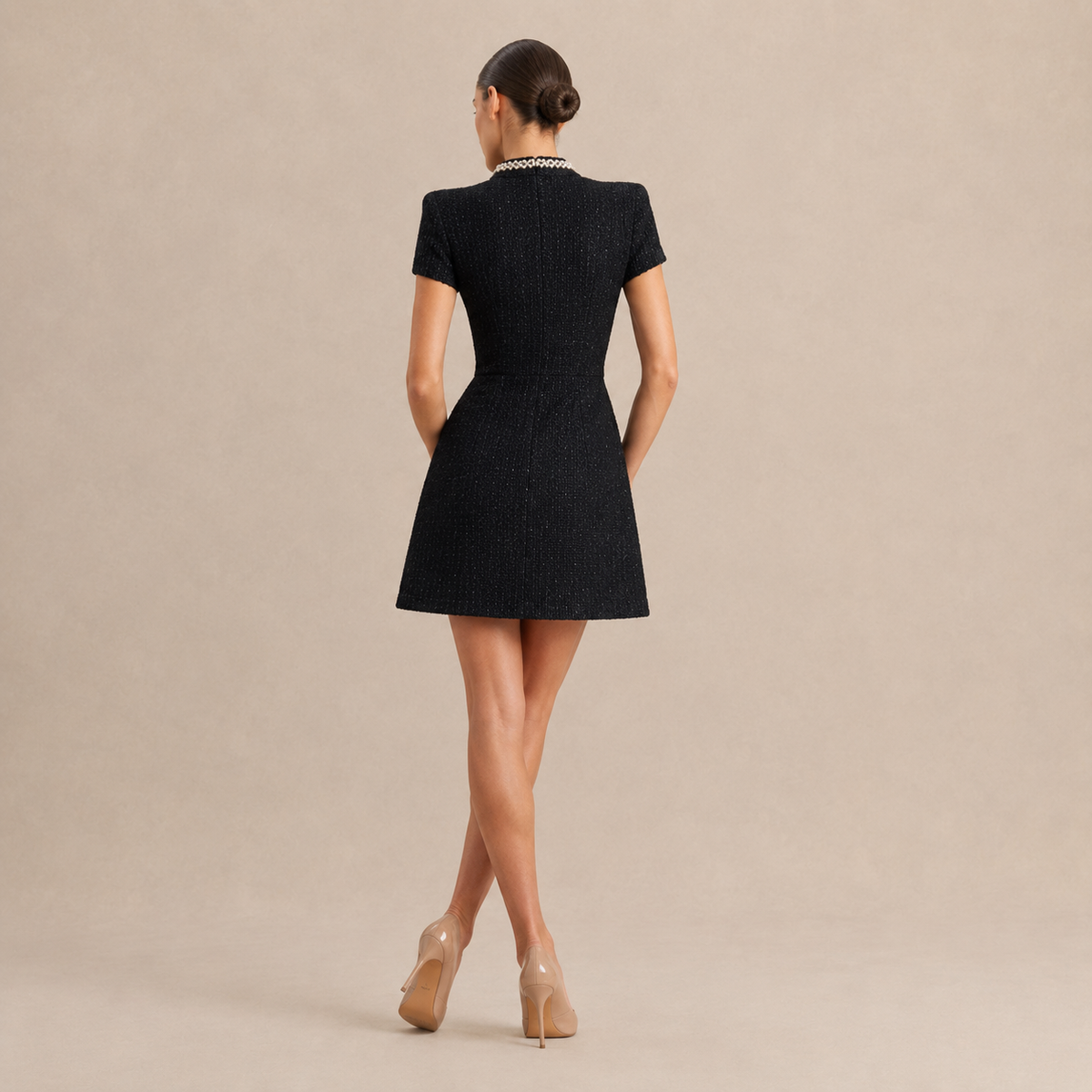 High Neck Short Sleeve Pearl Trim Tweed Mini Dress 3