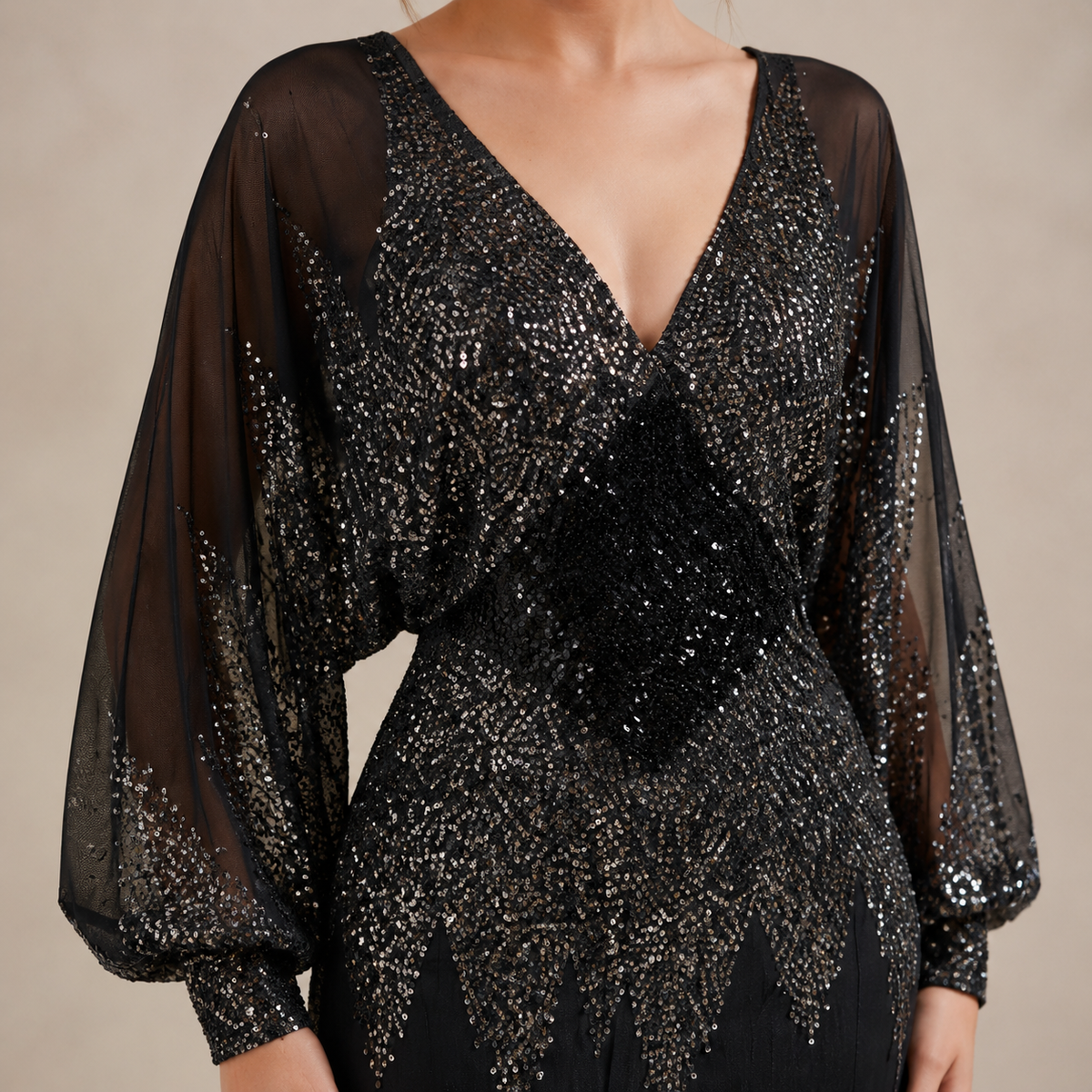 Sequin V-Neck Balloon Sleeve High Split Maxi Gown 2