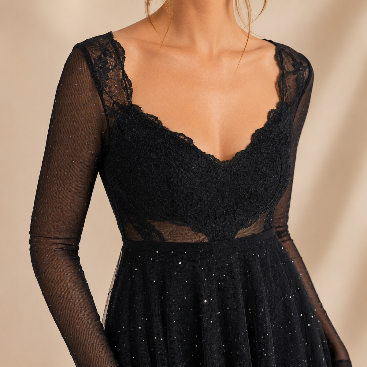 Sweetheart Lace Bodice Long Mesh Sleeve Glitter Skater Mini Dress 2