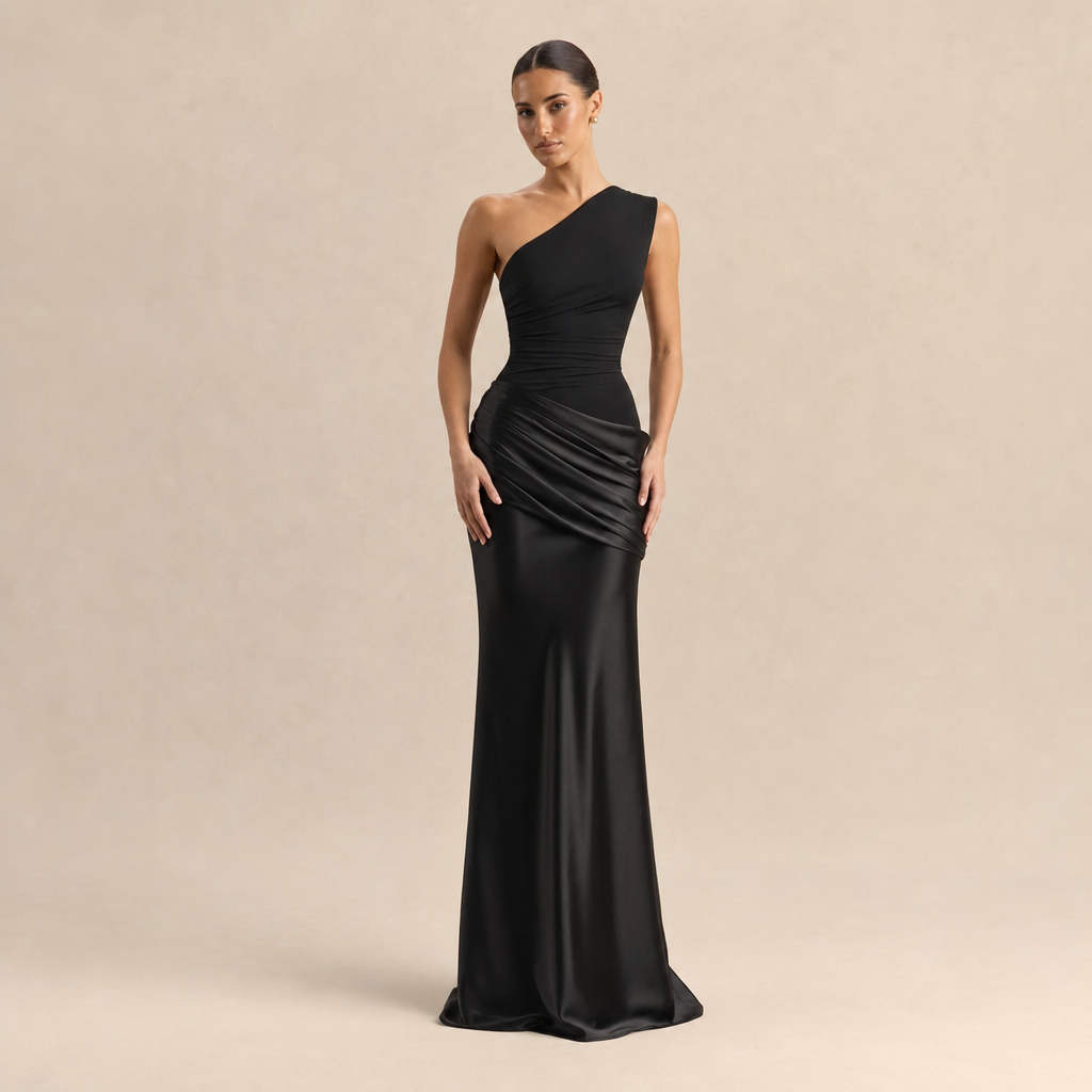 One Shoulder Ruched Satin Fishtail Maxi Gown