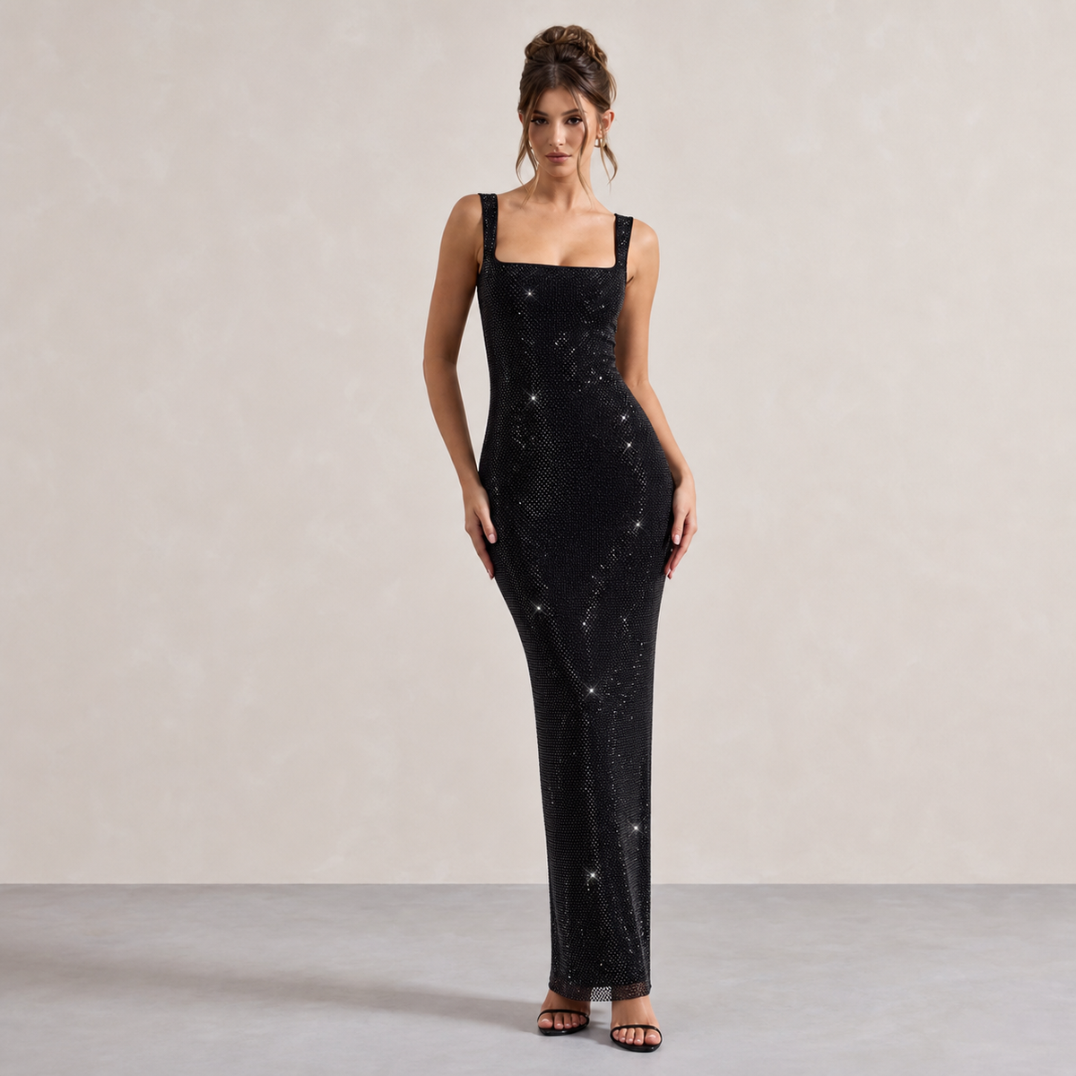 Rhinestone Square Neck Sleeveless Bodycon Maxi Dress