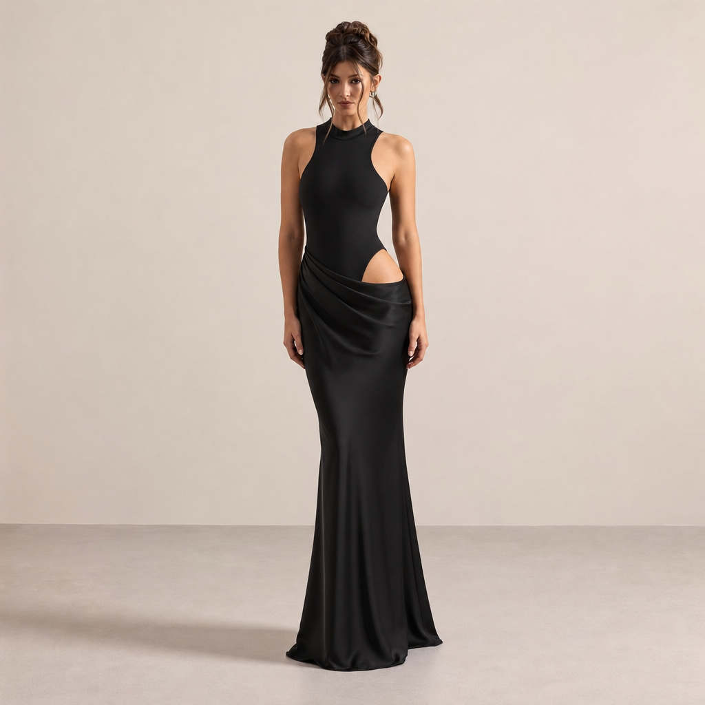 High Neck Cut Out Draped Satin Maxi Gown