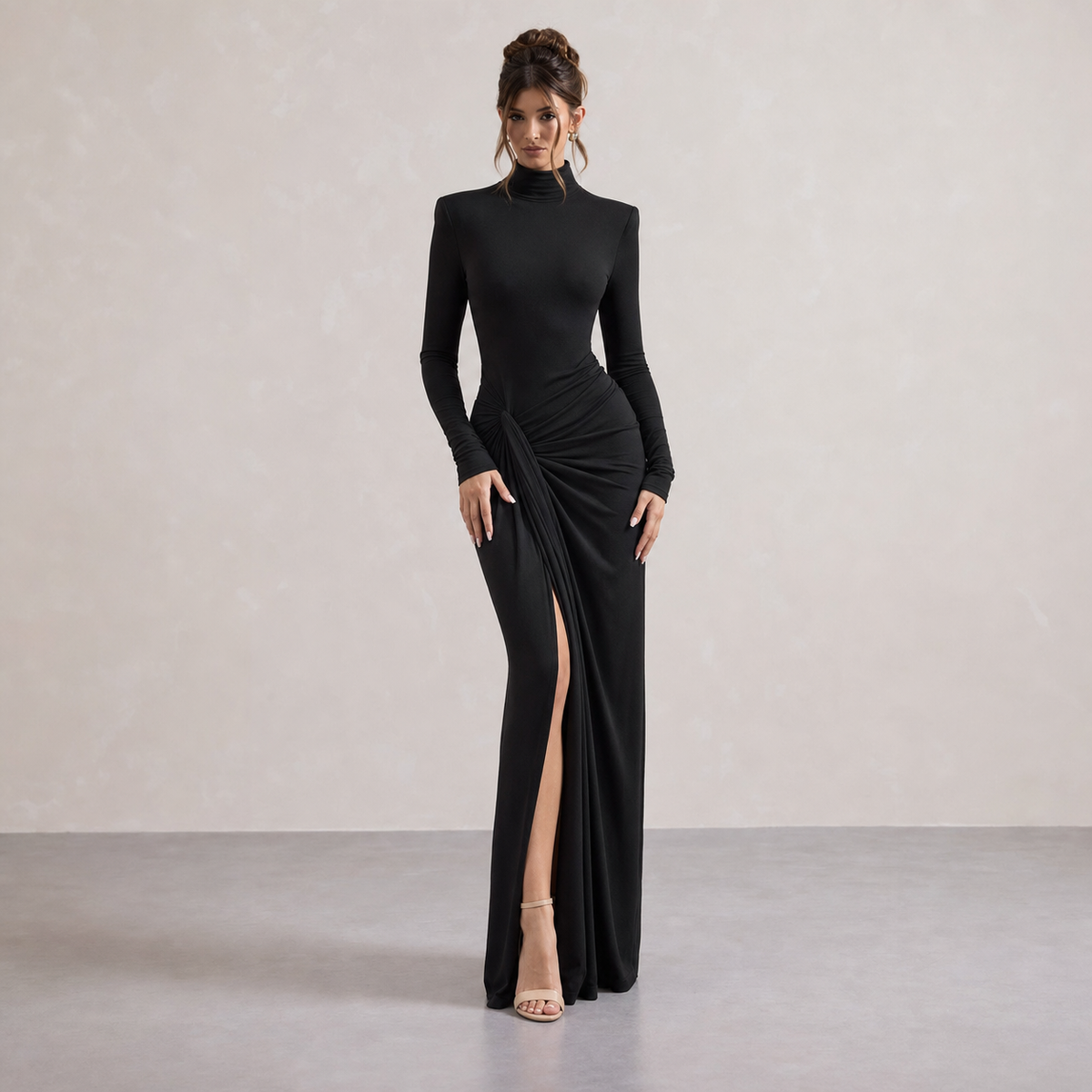 High Neck Long Sleeve Ruched Draped Bodycon Maxi Dress 4