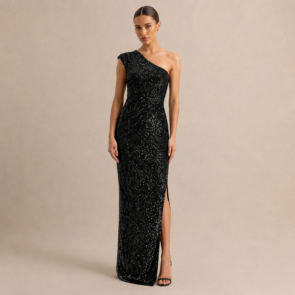 Sequin One Shoulder High Split Column Maxi Gown
