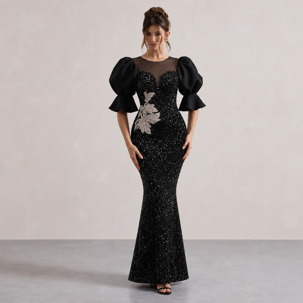 Illusion Neck Puff Sleeve Sequin Mermaid Gown