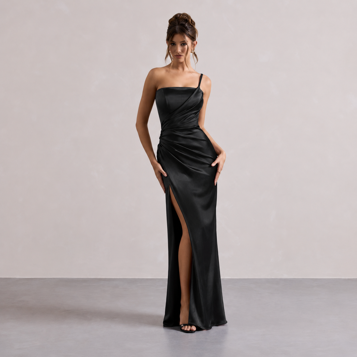 One Shoulder Satin Ruched High Split Maxi Dress