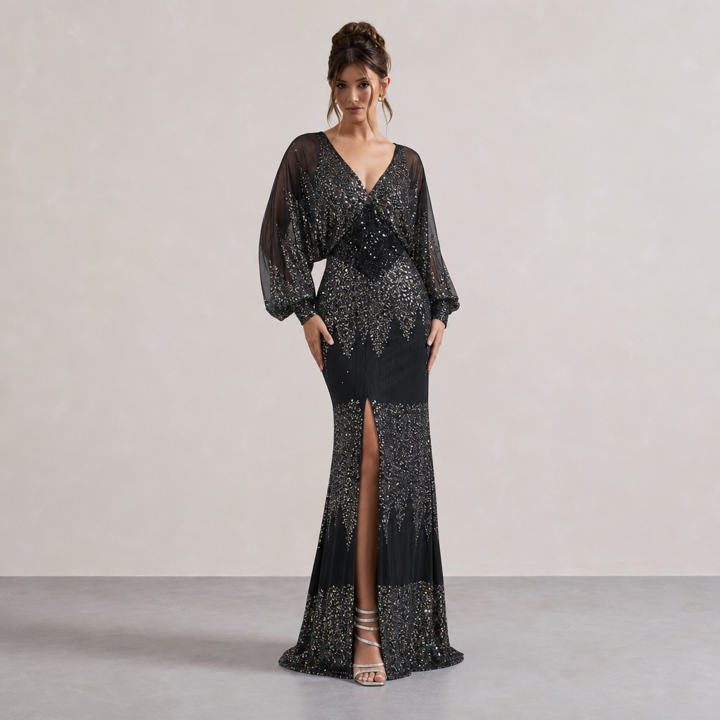 Sequin V-Neck Balloon Sleeve High Split Maxi Gown