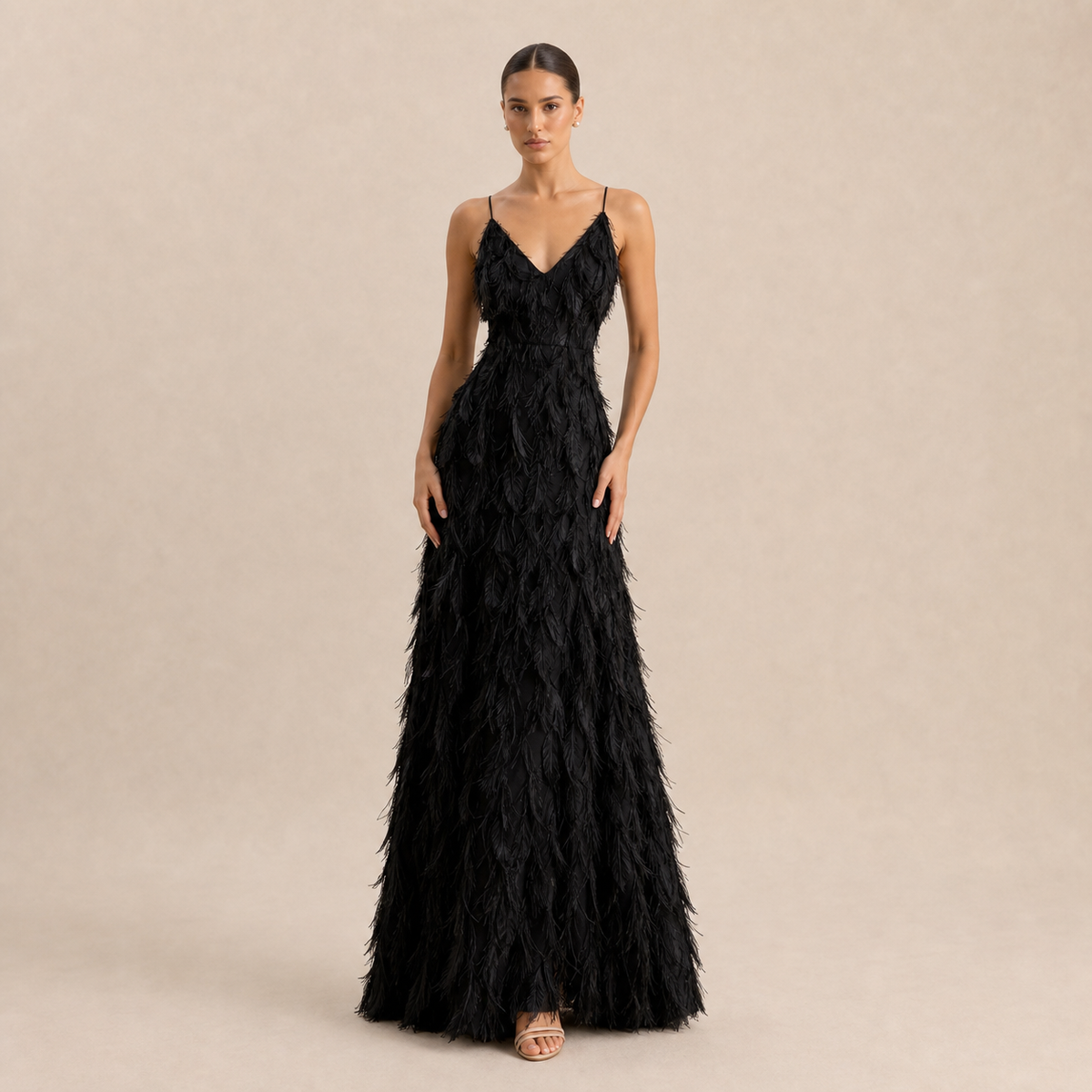 Feather V-Neck Spaghetti Strap A-Line Maxi Dress