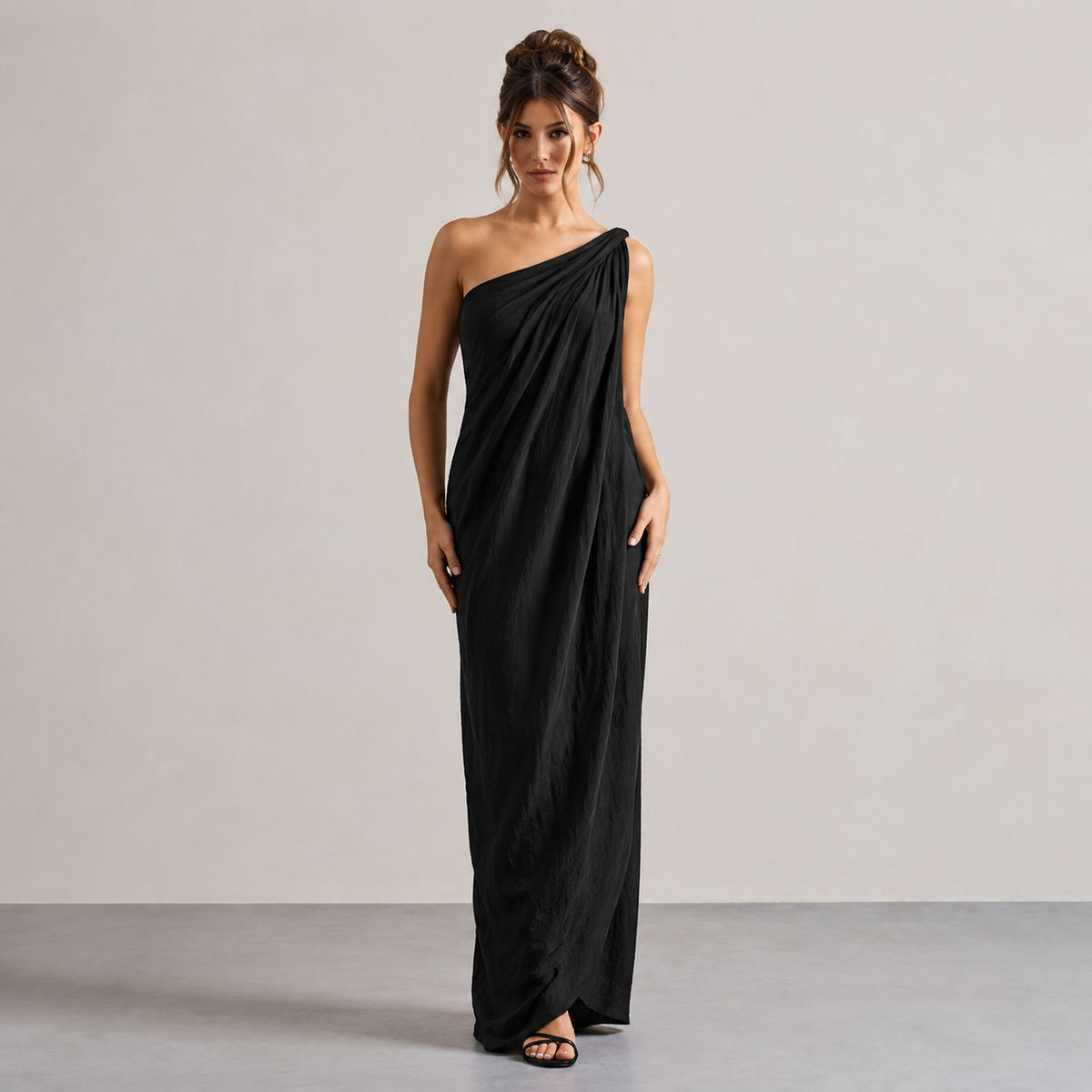 One Shoulder Draped Column Maxi Dress