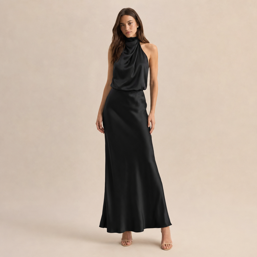 Satin Cowl Halter Neck Bias Cut Maxi Dress