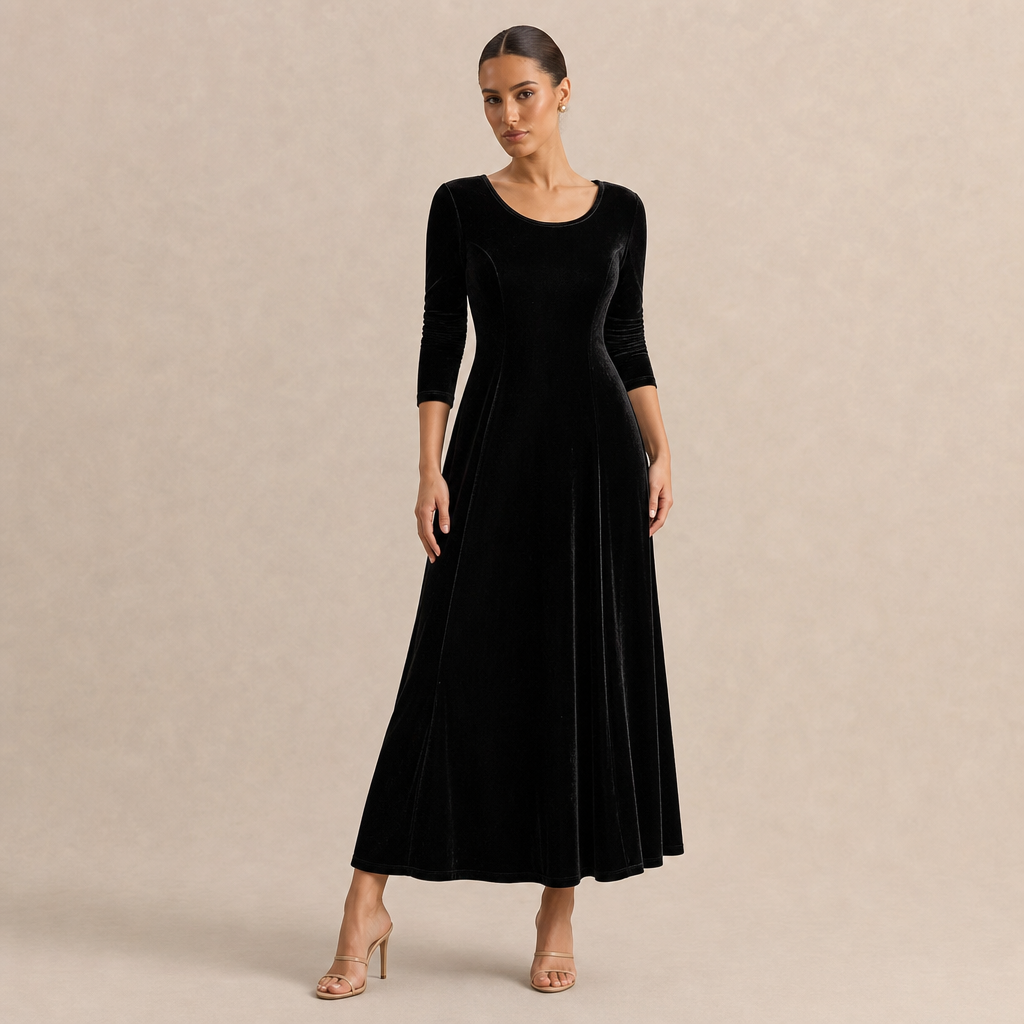 Velvet Scoop Neck Long Sleeve Fit and Flare Maxi Dress
